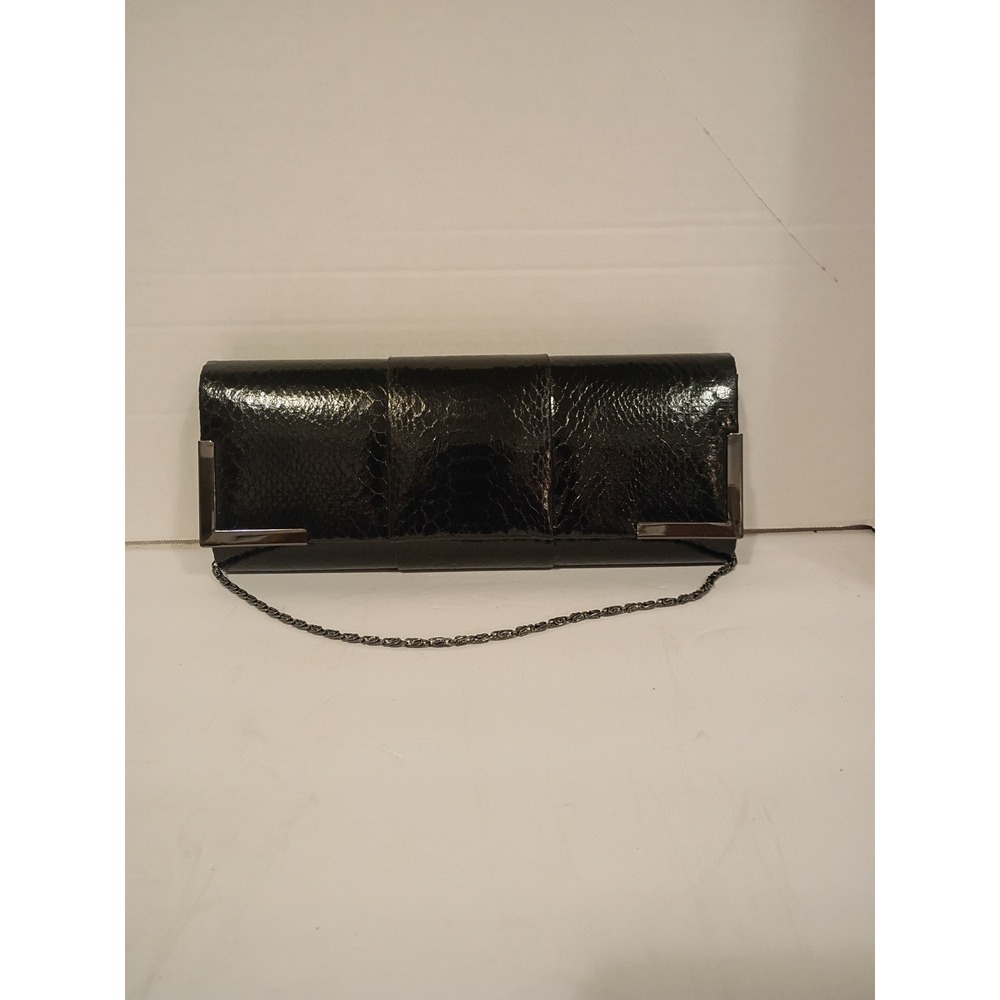 Kate Landry Black Snakeskin Embossed Clutch Evening Bag Gunmetal Chain Strap